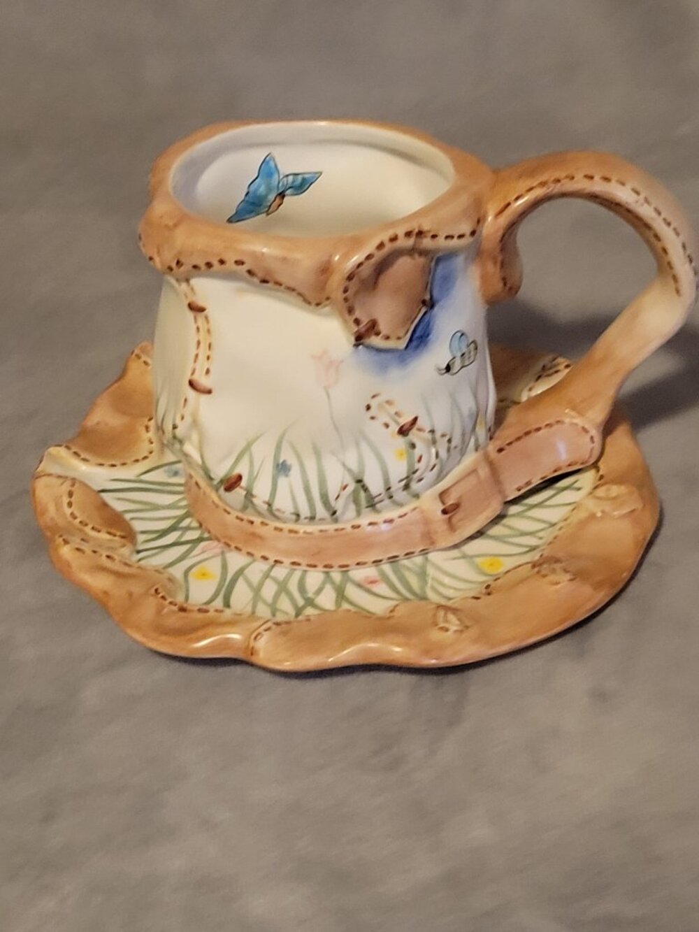 Coyne's and Company Painted Floral Butterfly and Bees Cup & Saucer Set Ceramic